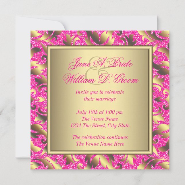 Invitation Mariage élégant rose chaud et or (Devant)