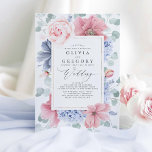 Invitation Mariage élégant Rose et Fleurs bleues poussiéreuse<br><div class="desc">Invitations romantiques à mariage rose et bleu poussiéreux</div>