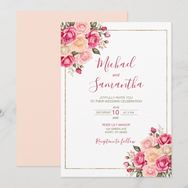 Invitation Mariage Élégant Rose Fuchsia et Ivoire (Devant / Derrière)