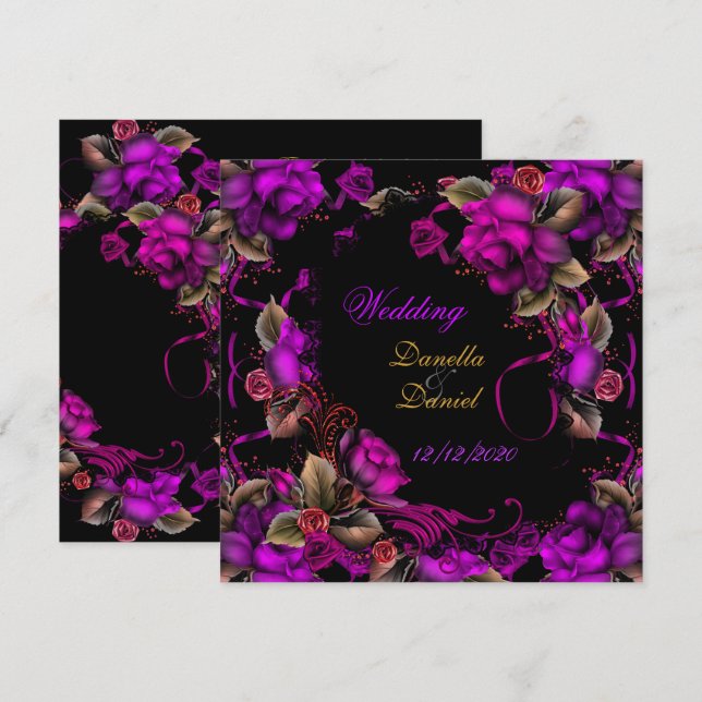 Invitation Mariage Élégant Rose Fuchsia Noir (Devant / Derrière)