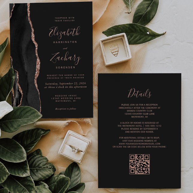 Invitation Mariage élégant Rose Gold Agate Noir Code QR (Créateur téléchargé)