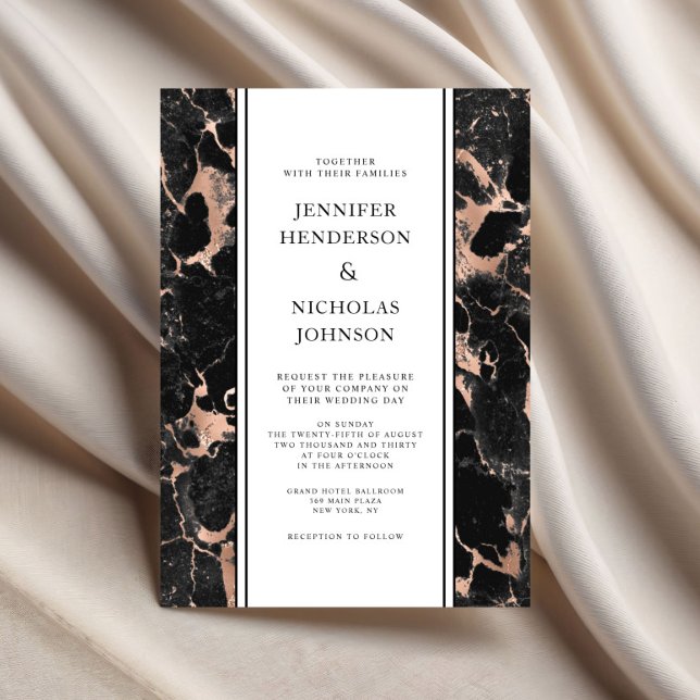 Invitation Mariage Élégant Rose Gold Marbre Noir (Elegant Rose Gold Black Marble Wedding Invitation)