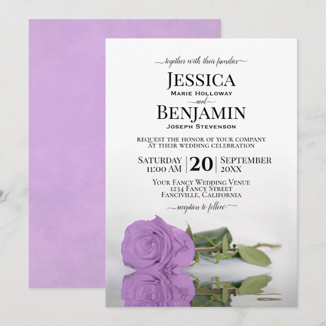 Invitation Mariage Élégant Rose Lilac Violet Long-Stemmed (Devant / Derrière)
