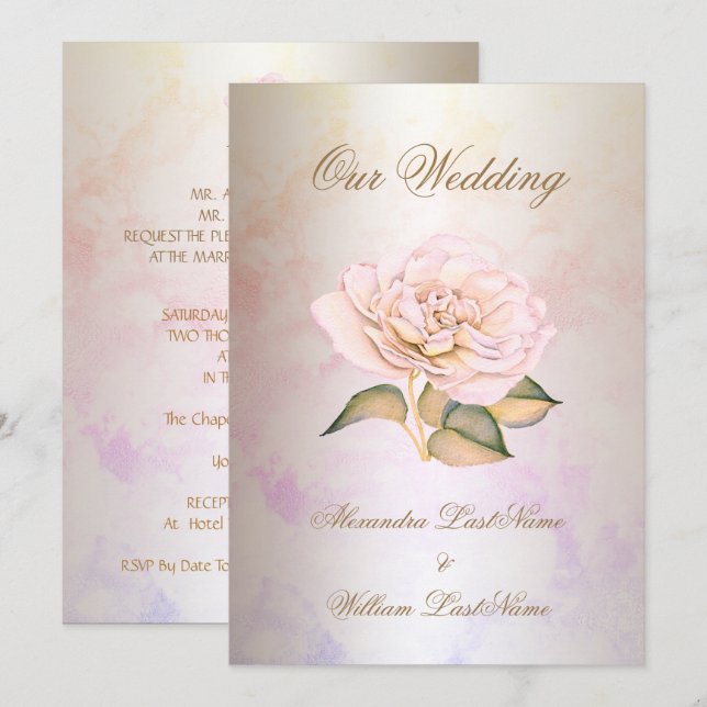 Invitation Mariage Élégant Rose Marbre Crème (Devant / Derrière)