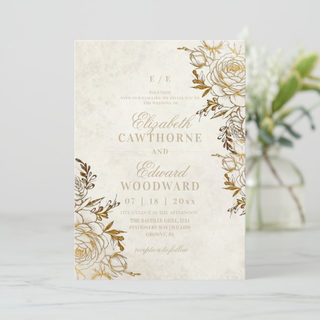 Invitation Mariage Élégant Rose Moderne Ivoire & Or (Debout devant)
