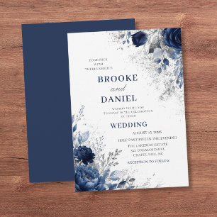 Invitation Mariage Élégant Rose Navy Paillettes Argentées