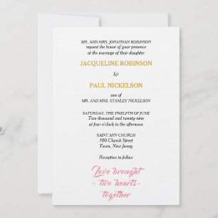 Invitation Mariage élégant rose or deux coeurs