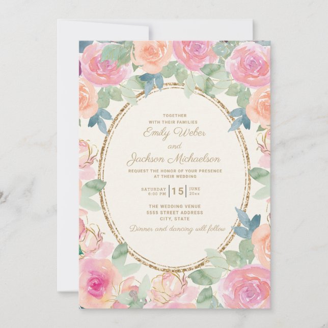 Invitation Mariage élégant rose pêche aquarelle floral or (Devant)