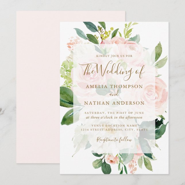 Invitation Mariage élégant rose pêche or fleur (Devant / Derrière)