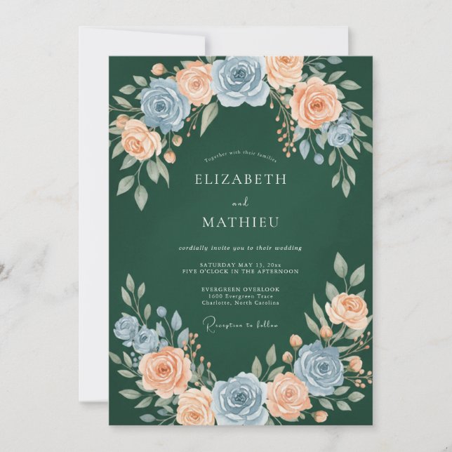 Invitation Mariage Élégant Rose Pêche Vert Forêt (Devant)