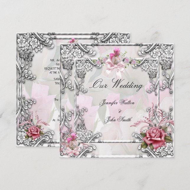 Invitation Mariage Élégant Rose Rose Argent Blanc (Devant / Derrière)