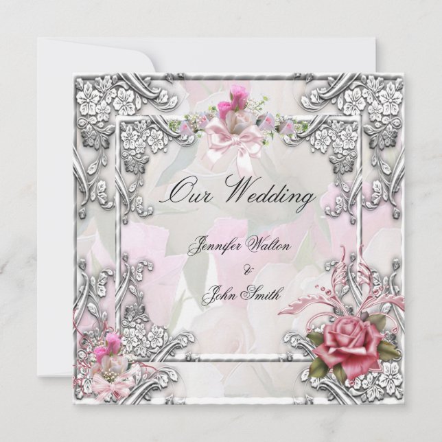 Invitation Mariage Élégant Rose Rose Argent Blanc (Devant)