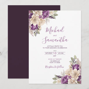Invitation Mariage Élégant Rose Violet et Ivoire