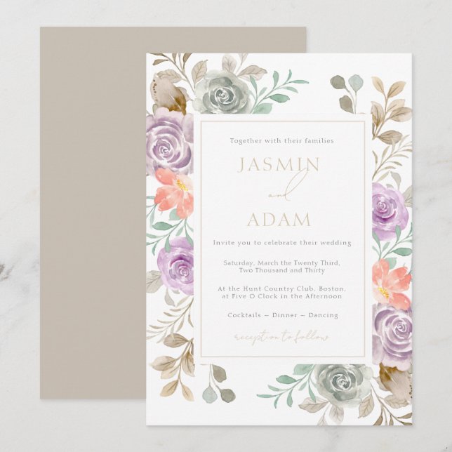 Invitation Mariage Élégant Roseau Aquarelle Lilas (Devant / Derrière)