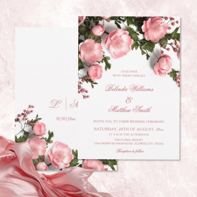 Invitation Mariage Élégant Roses 3D et Feuillage Rose (Créateur téléchargé)