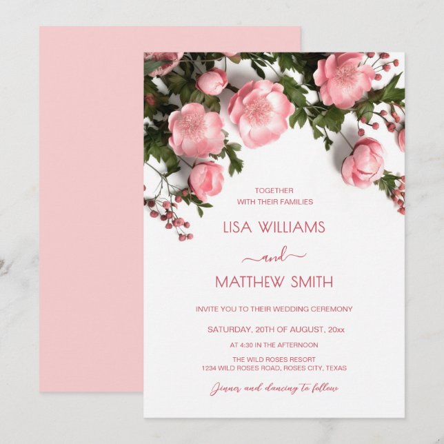 Invitation Mariage Élégant Roses 3D Roses Blanches (Devant / Derrière)
