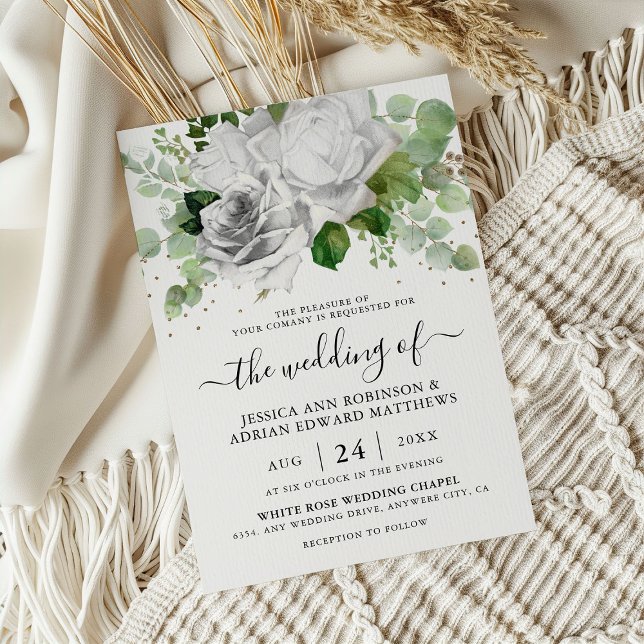 Invitation Mariage Élégant Roses Blanches & Feuillage d'Eucal (Créateur téléchargé)