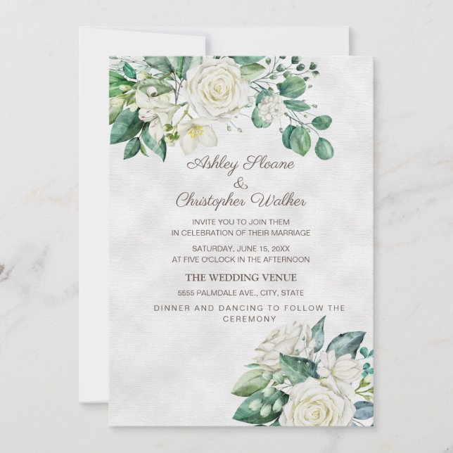 Invitation Mariage Élégant Roses Blanches Verdure (Devant)