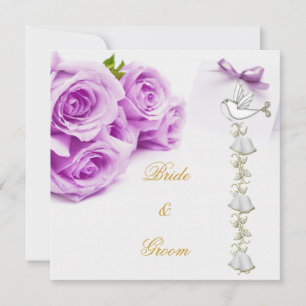 Invitation Mariage élégant Roses blanches violettes Cloches d