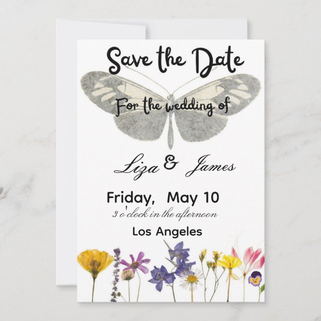 Invitation mariage élégant roses et papillon  (Devant)