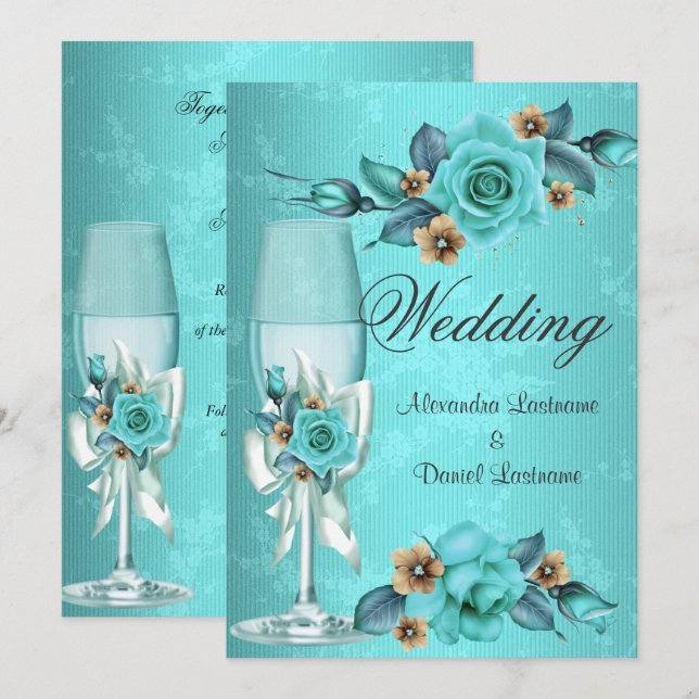 Invitation Mariage élégant Roses Fleurs Champagne Bleu sarcel (Devant / Derrière)
