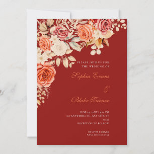 Invitation Mariage Élégant Roses Orange et Blanches Rouge Éca