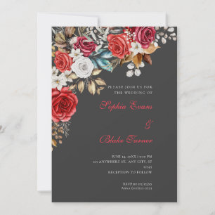 Invitation Mariage Élégant Roses Rouges et Blanches sur Fond 