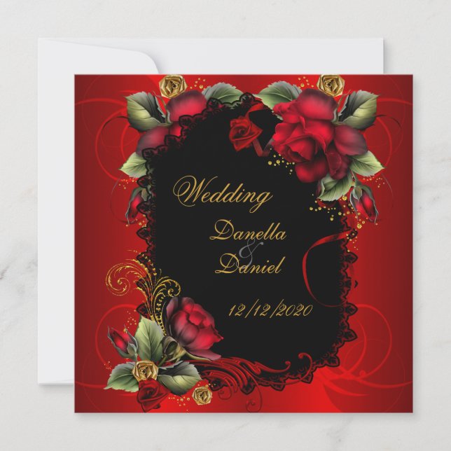 Invitation Mariage Élégant Roses Rouges Or (Devant)
