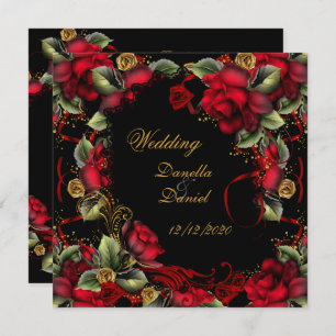 Invitation Mariage élégant Roses rouges Or Noir A