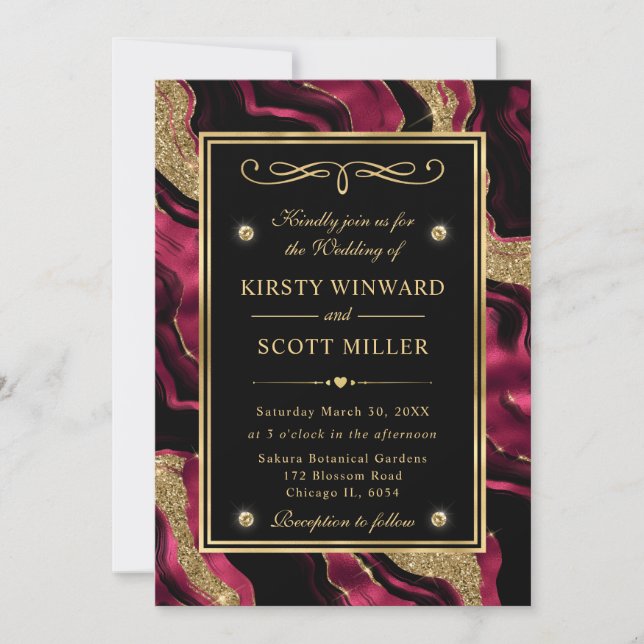 Invitation Mariage Élégant Rouge et Doré Paillettes d'Agate (Devant)