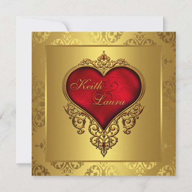 Invitation Mariage Élégant Rouge et Or (Devant)