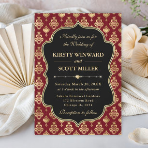 Invitation Mariage élégant rouge et or à motif de cœur en dam