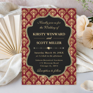 Invitation Mariage élégant rouge et or à motif de damas en fo