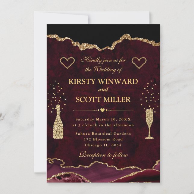 Invitation Mariage élégant rouge et or avec faux agate scinti (Devant)