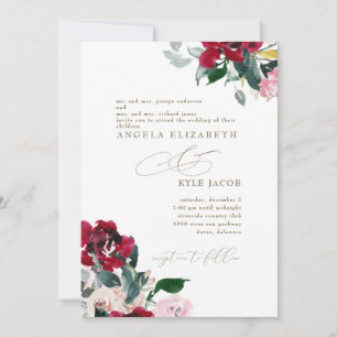 Invitation Mariage Élégant Rouge & Floral Rose des Deux Paren