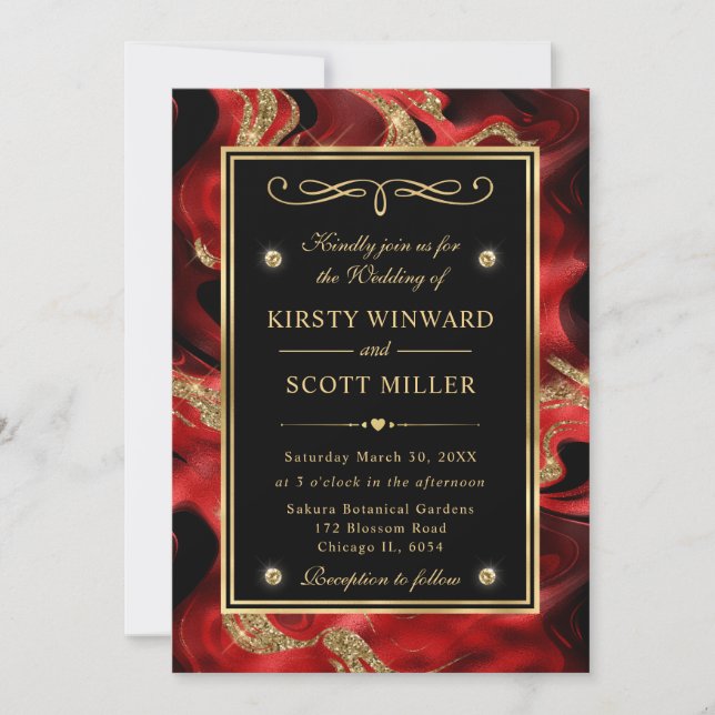 Invitation Mariage élégant rouge fondu et doré avec paillette (Devant)