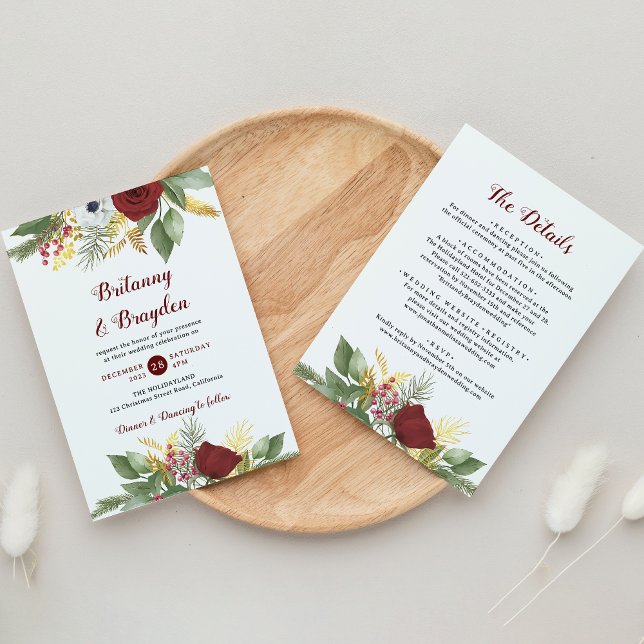 Invitation Mariage Élégant Rouge Or Floral Script Tout en Un (Créateur téléchargé)