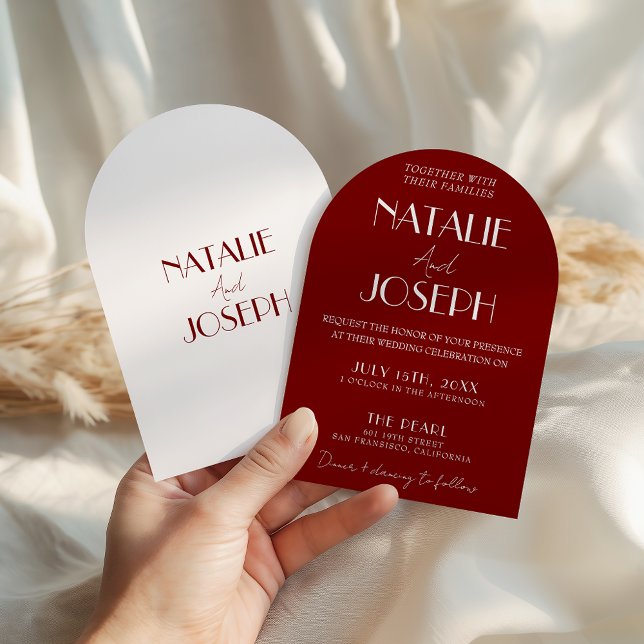 Invitation Mariage Élégant Rouge Profond Blanc Bourgogne Arqu (Créateur téléchargé)