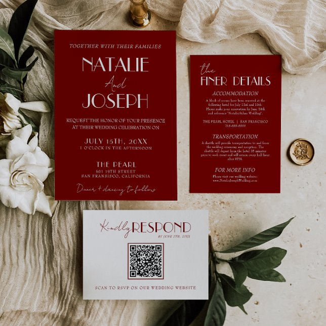 Invitation Mariage Élégant Rouge Profond Blanc Bourgogne Mini (Créateur téléchargé)