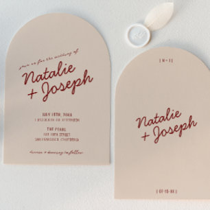 Invitation Mariage Élégant Rouge Profond Crème Arqué Fantaisi