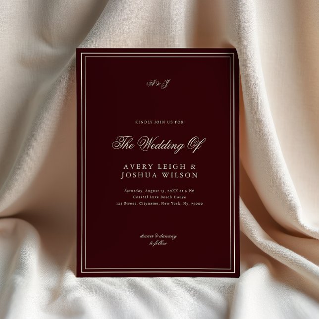 Invitation Mariage Élégant Rouge Profond Monogramme Vieille F (Créateur téléchargé)