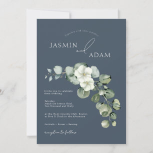 Invitation Mariage élégant royal bleu floral eucalyptus
