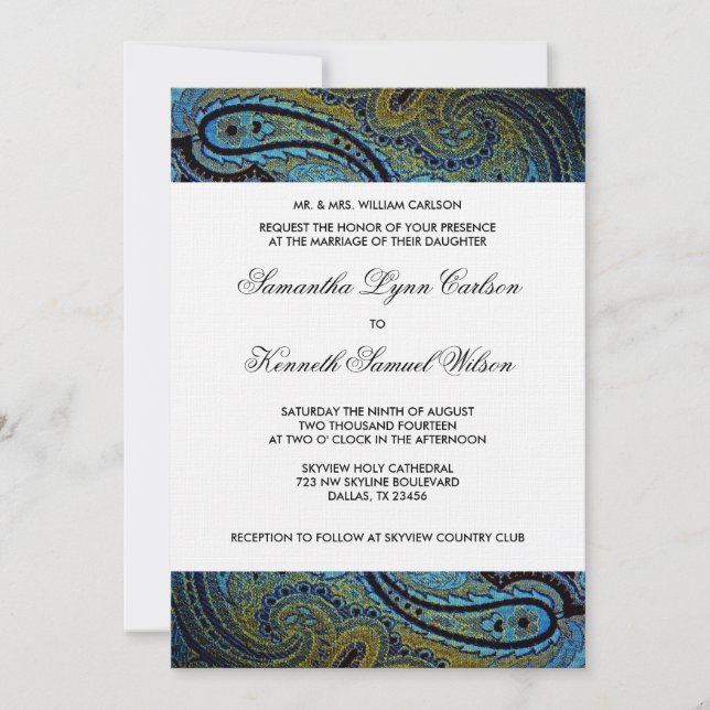 Invitation Mariage élégant royal bleu Paon Paisley (Devant)