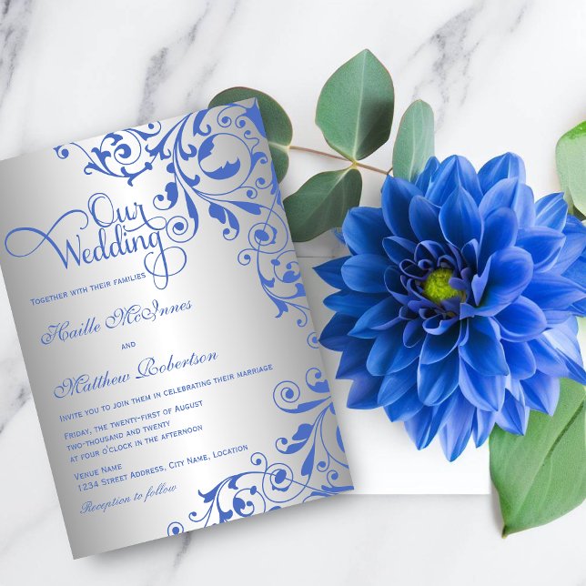 Invitation Mariage élégant Royal Blue et Silver (Elegant royal blue and silver wedding invitation. Perfect wedding invite for a royal blue theme.)