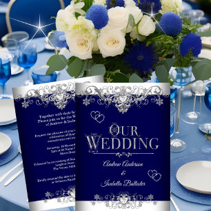 Invitation Mariage Elégant Royal Blue Silver Diamond Hearts