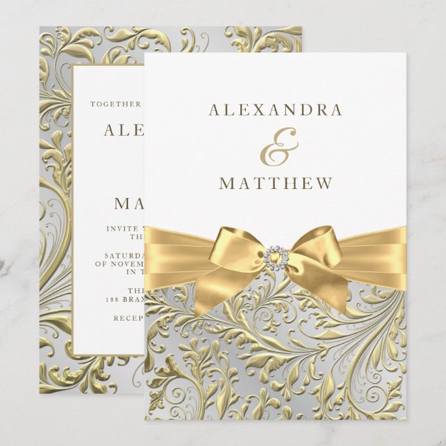 Invitation Mariage Élégant Ruban Feuille Blanc & Or (Devant / Derrière)