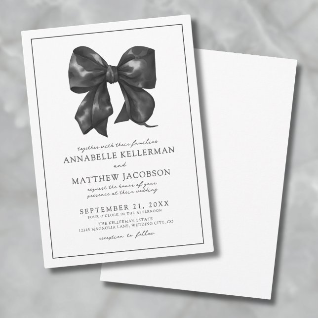 Invitation Mariage Élégant Ruban Noir (Simple Minimalist Watercolor Black Bow Wedding Invitation)