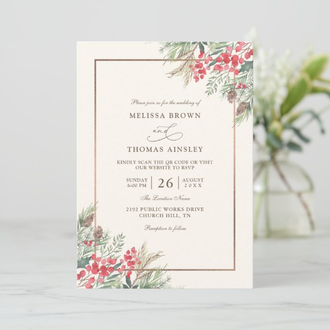 Invitation Mariage Élégant Rustique à Code QR Budget Aquarell (Debout devant)