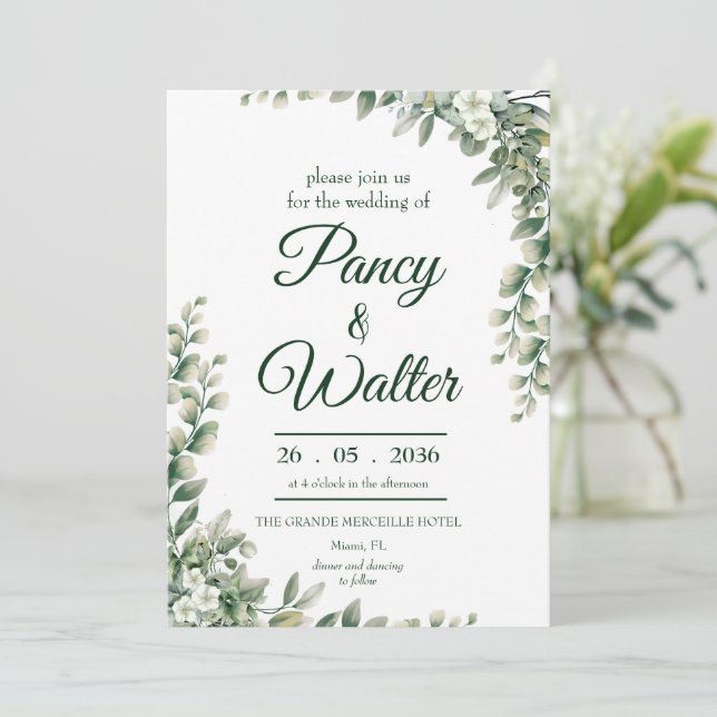 Invitation Mariage Élégant Rustique aux Feuilles de Eucalyptu (Debout devant)