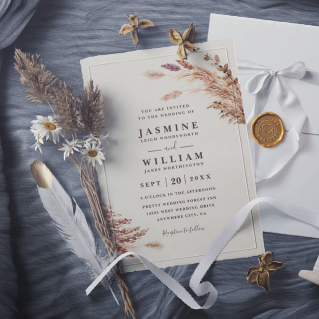 Invitation Mariage Élégant Rustique Bohème Botanique Pampas D (Créateur téléchargé)